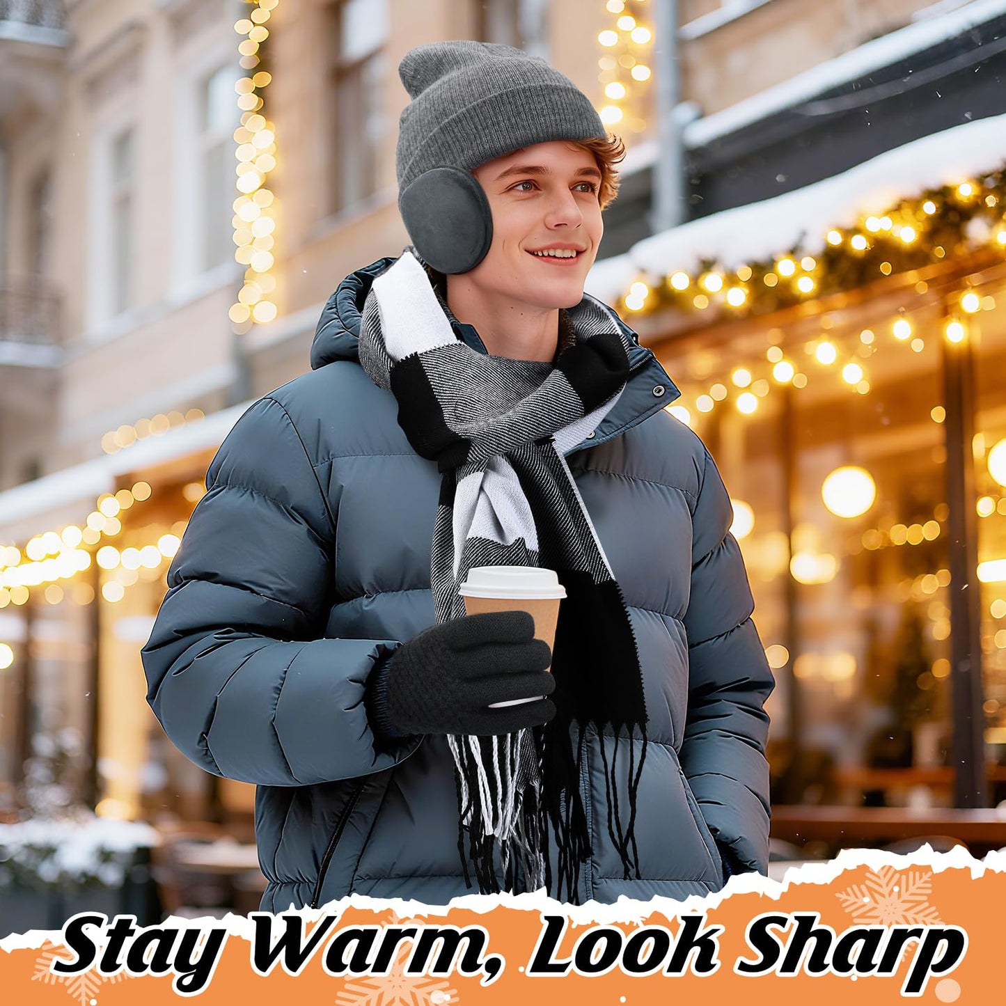Cosweet Scarf and Gloves Set - Knitted Winter Warmer Set, Winter Gloves Plaid Scarf Beanie Hat Ear Muffs for Men Women Running Skiing Cycling Yoga Outdoor Sports Christmas Birthday Gift