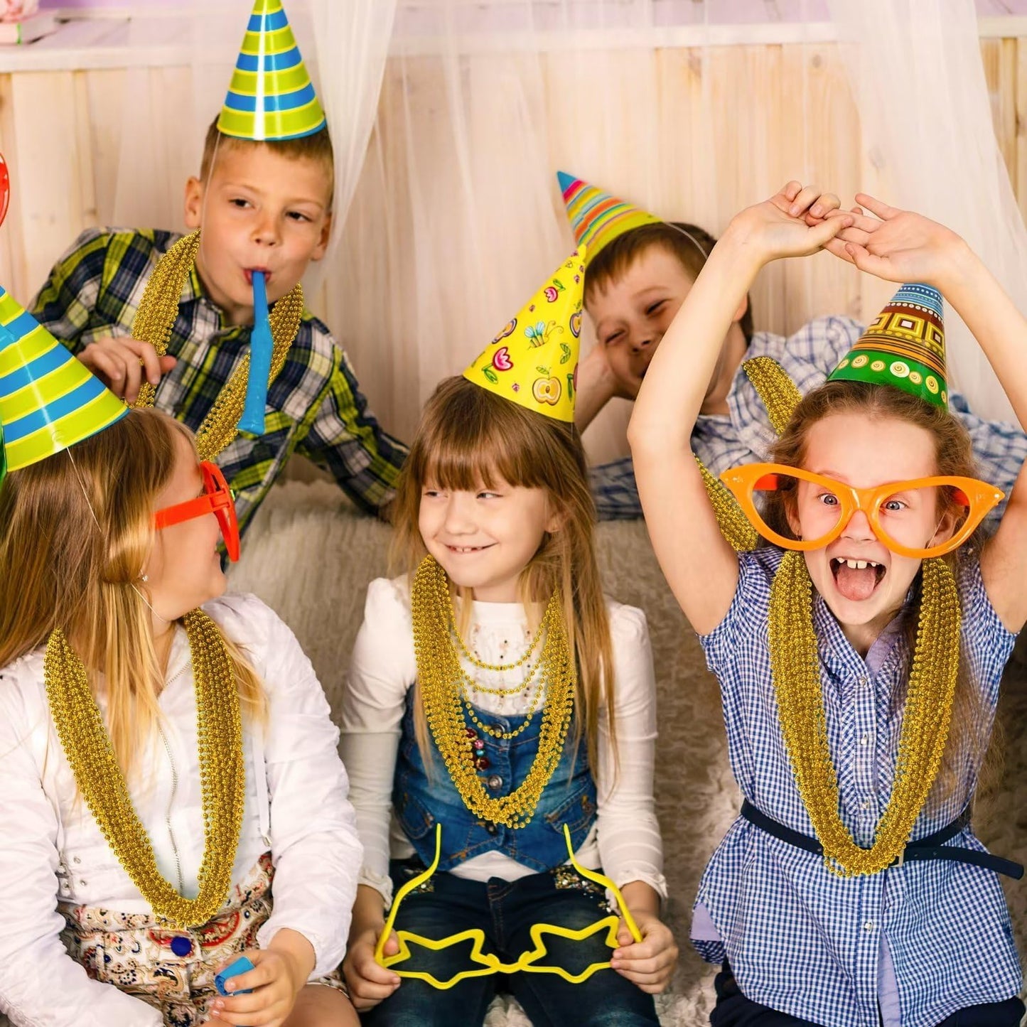 EOBOH 12PCS Mardi Gras Beads, Gold Beaded Necklace Stuff Set, 33" Mardi Gras Christmas Beads Necklace Costume Bulk, Festival Parade Throw Accessory Sets for Mardi Gras St Patricks Day Celebrations