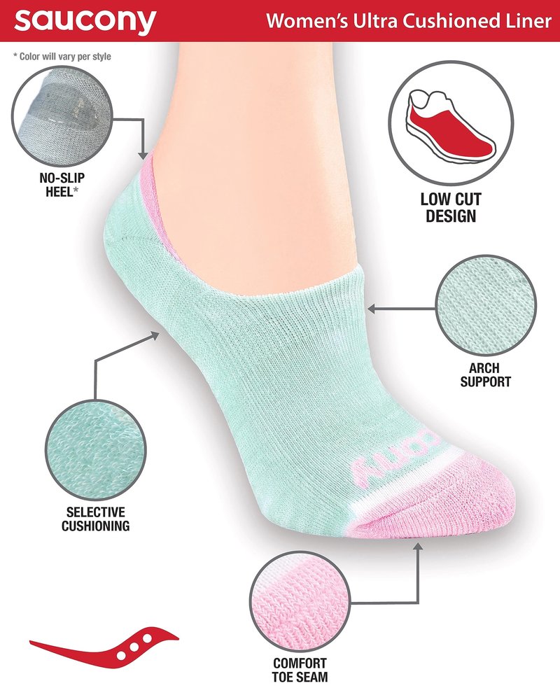 Saucony Women's Show Cushioned Invisible Liner Socks, Fashion Assorted (8 Pairs), Shoe Size: 6-10