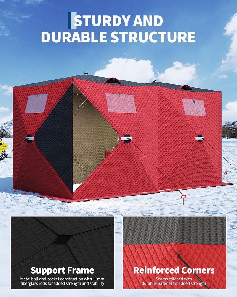 FinerFurnis Insulated Pop-Up Ice Fishing Tent for 6-8 Persons – Portable Winter Shelter – Windproof & Warm – Zippered Door, Anchors, Carry Bag – Large Size for Group Ice Fishing