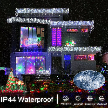 99ft 1216 LED Icicle Christmas Lights Outdoor - 8 Modes Icicle Lights with 228 Drops, Waterproof Plug in Fairy Curtain Light with Timer Memory for Party Holiday Wedding Decorations, Cool White
