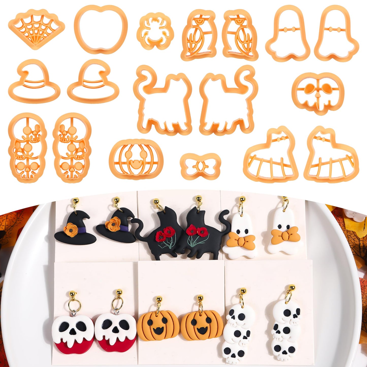Puocaon Halloween Polymer Clay Cutters - 18 Pcs Halloween Themed Skull Ghost Cat Wizard Witch for Earrings Jewelry Making Clay Earrings Cutters