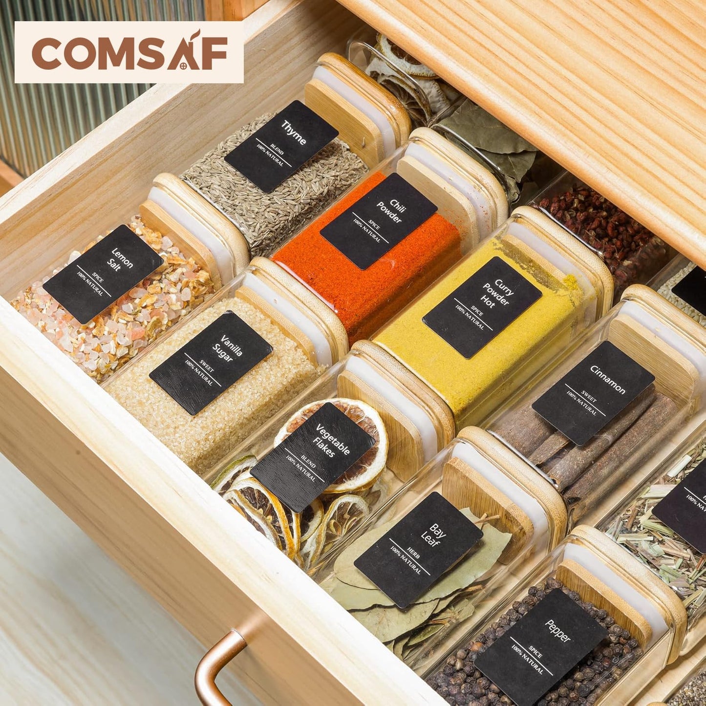 ComSaf 6Pcs 240ml Glass Spice Jars with Lids and Label, Glass Spice Bottle with Bamboo Lids Supplementary Set, Small Spice Container, Perfect for Ktichen Starter