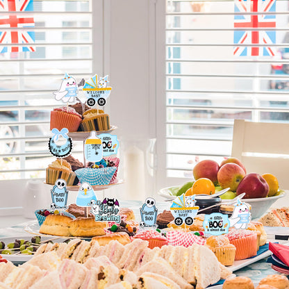 32 PCS Halloween Baby Shower Cupcake Toppers Ghost Bat Welcome Baby Boo Cupcake Picks Baby Carriage Bottle It's a Boy Cake Decorations for Halloween Theme Baby Shower Boys Birthday Party Supplies