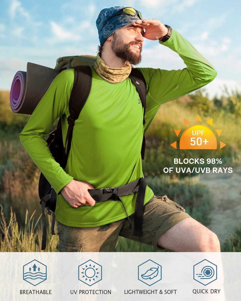 Roadbox Mens UPF 50+ Long Sleeve SPF Diving Rash Guard UV Sun Protection Shirts for Outdoor Fishing Hiking Swimming Running Lime Green