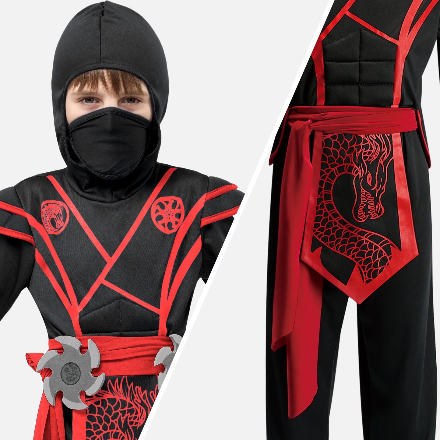 Spooktacular Creations Halloween Ninja Costume Kids, Black Red Ninja Dragon Jumpsuit Set, Boys Halloween Costume for DressUp and RolePlay Party (Medium, 8-10 yrs)