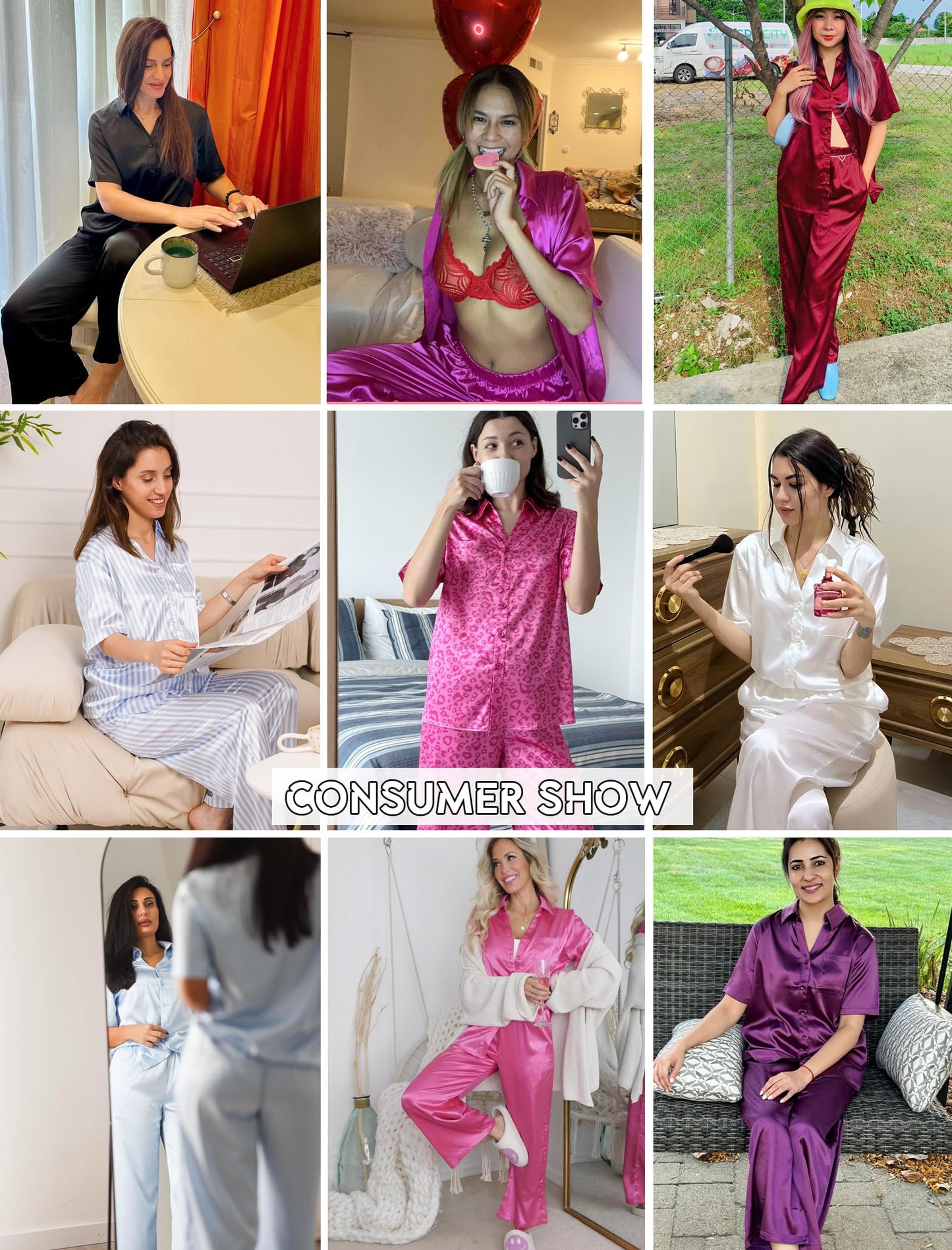 Ekouaer Silk Pajamas for Womens Set 2 Piece Satin Pjs Soft Button Down Sleepwear Wide Leg Long Pants with Pockets