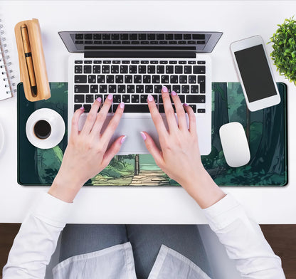 Japanese Green Forest Gaming Mouse Pad Anime Tree Woodland Desk Mat XL Large, Cute Aesthetics Women Office Desk Decor Laptop Computer Keyboard and Mouse Mat with Stitched Edges Matt 31.5''x11.8''