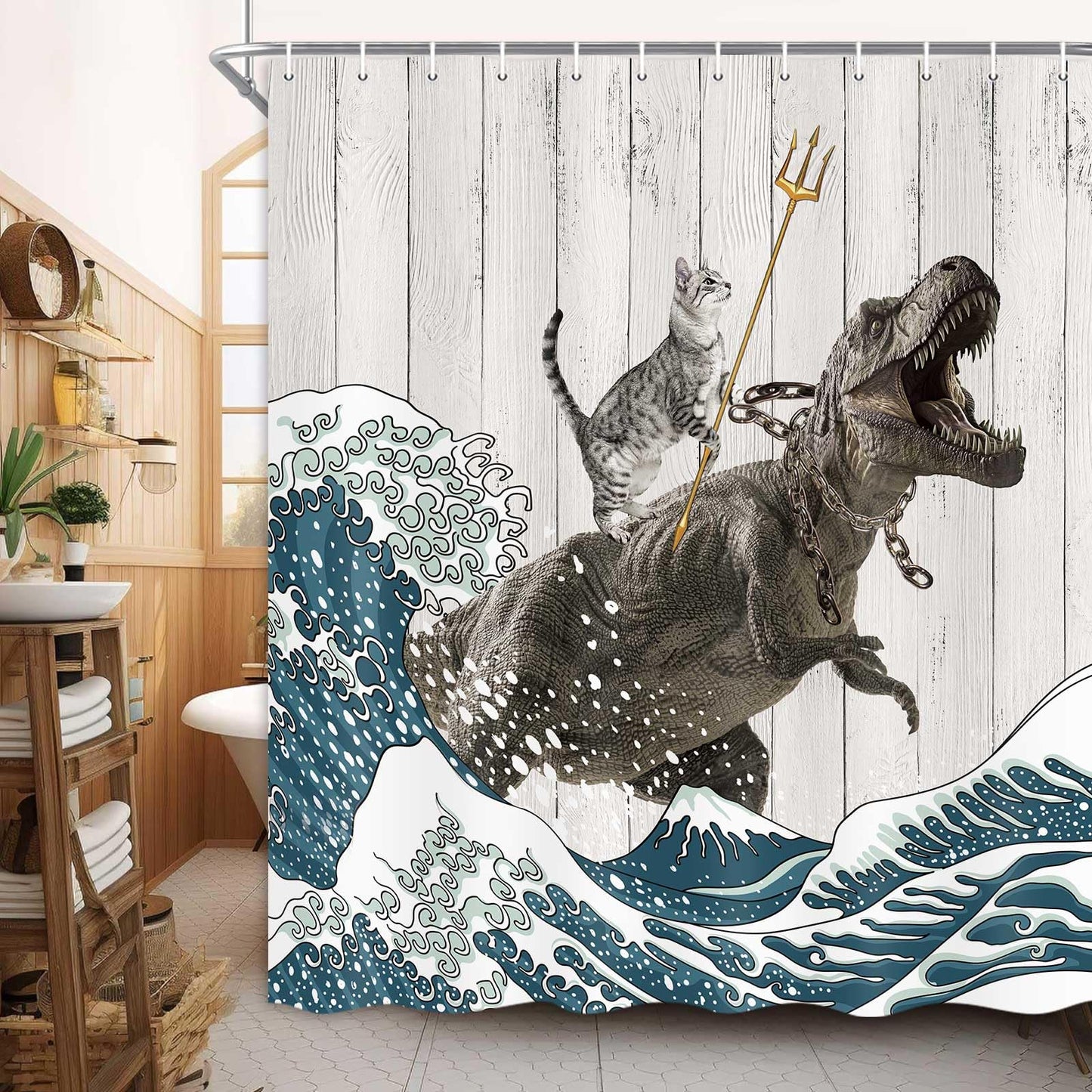 Boziqr Funny Cat Shower Curtain, Cool Cat Dinosaur Japanese Ocean Wave Decor Fabric Bathroom Curtains, Kids Children Rustic Wooden Farmhouse Shower Curtain, 70X70 Inches
