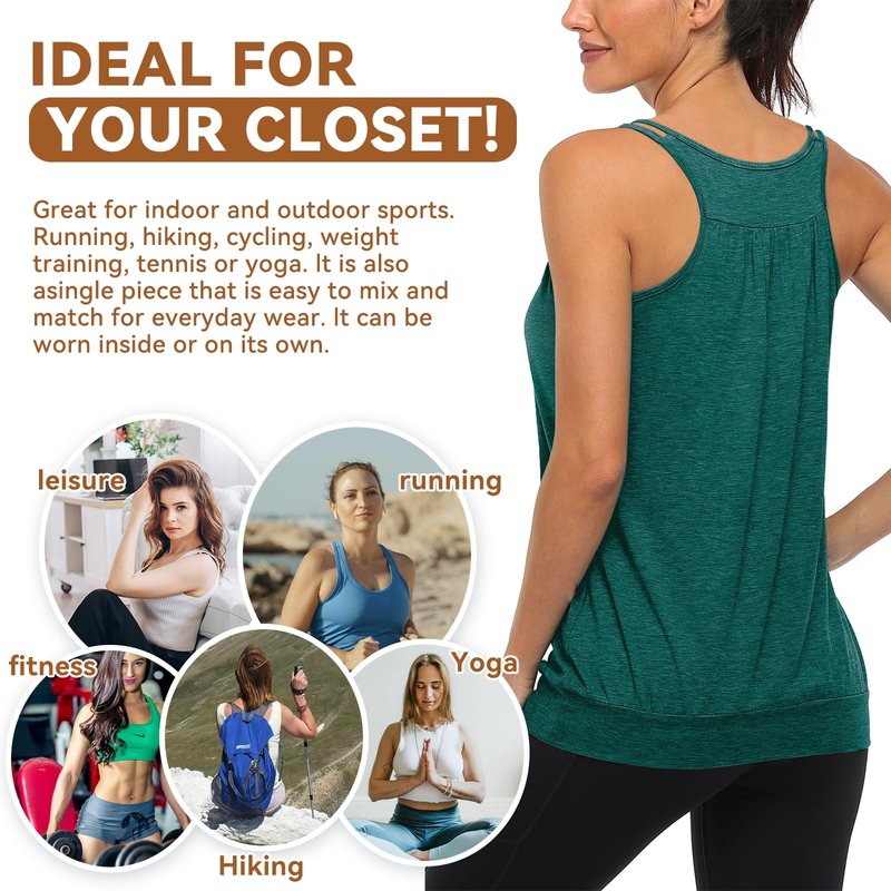 Wobity Racerback Tank Tops for Women Yoga Tank Tops Womans Loose Workout Tops Sleeveless Banded Bottom Shirts Sport Tummy Hide Clothing Blue Medium