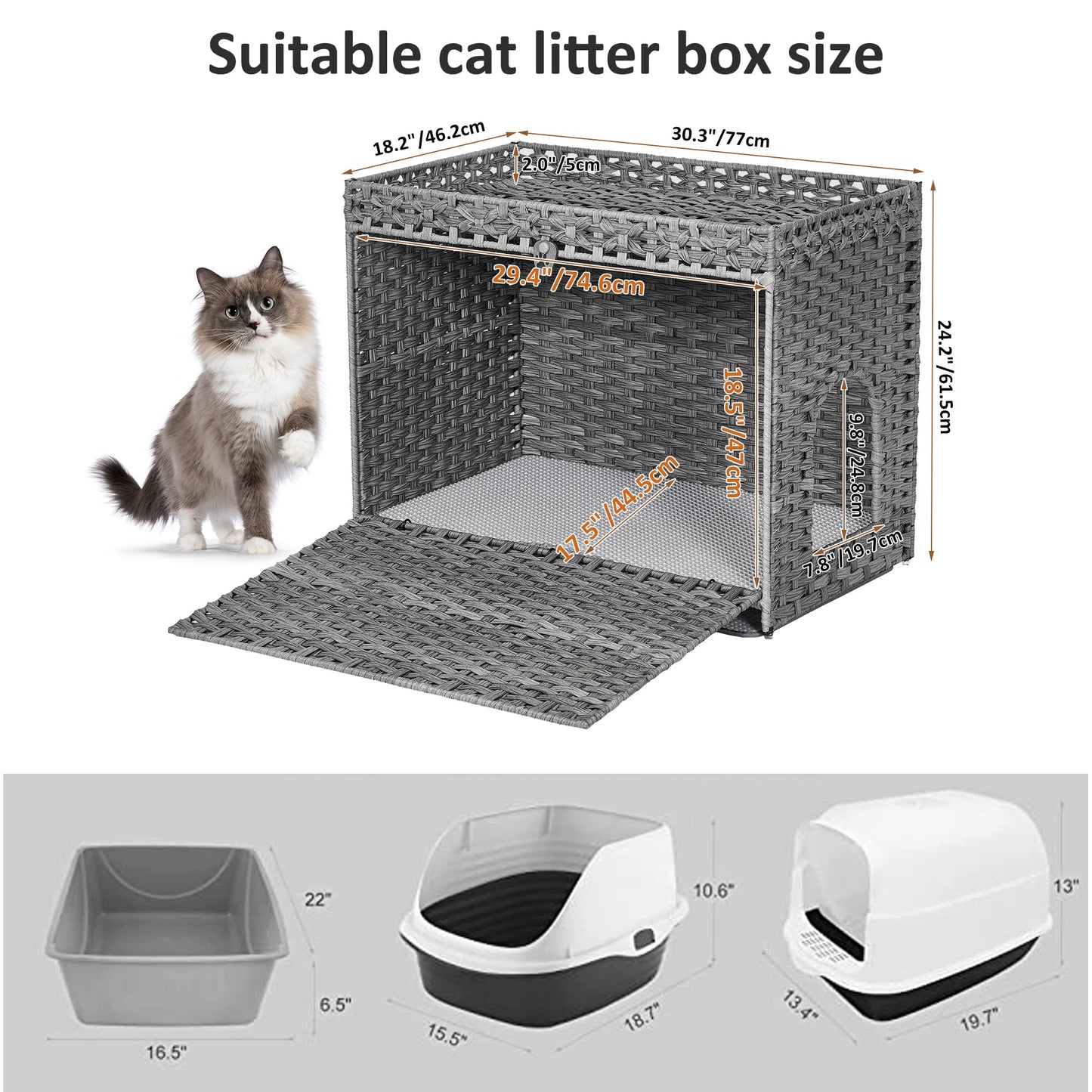 Cat Litter Box Enclosure with Soft Litter Mat; Hidden Kitten Washroom Furniture with Door; Handwoven Rattan Cat House with Large Space; Pet Crate for Living Room, Bedroom, Balcony (Grey)
