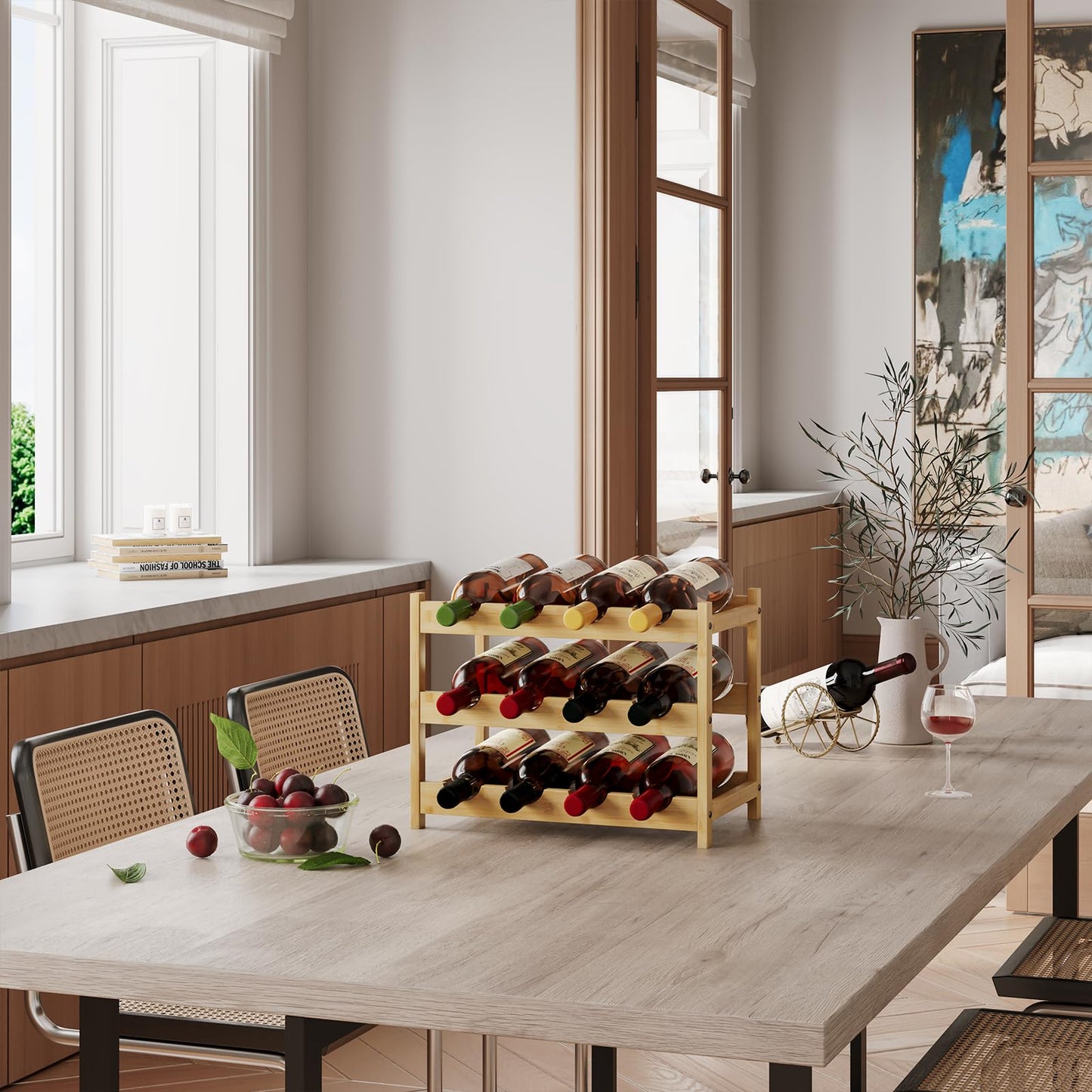 Dripex Bamboo Wine Rack, 12 Bottles Wine Holder Storage Shelf, 3-tire Small Freestanding Bottle Wine Rack for Countertop, Kitchen, Bar, Cellar (40 x 22 x 32 cm)