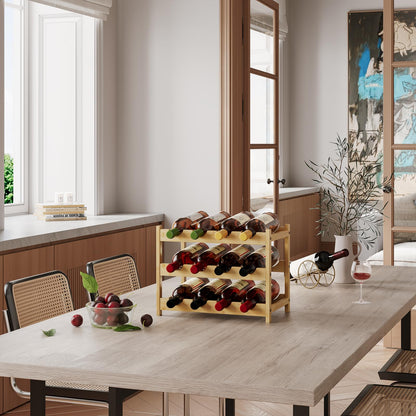 Dripex Bamboo Wine Rack, 12 Bottles Wine Holder Storage Shelf, 3-tire Small Freestanding Bottle Wine Rack for Countertop, Kitchen, Bar, Cellar (40 x 22 x 32 cm)