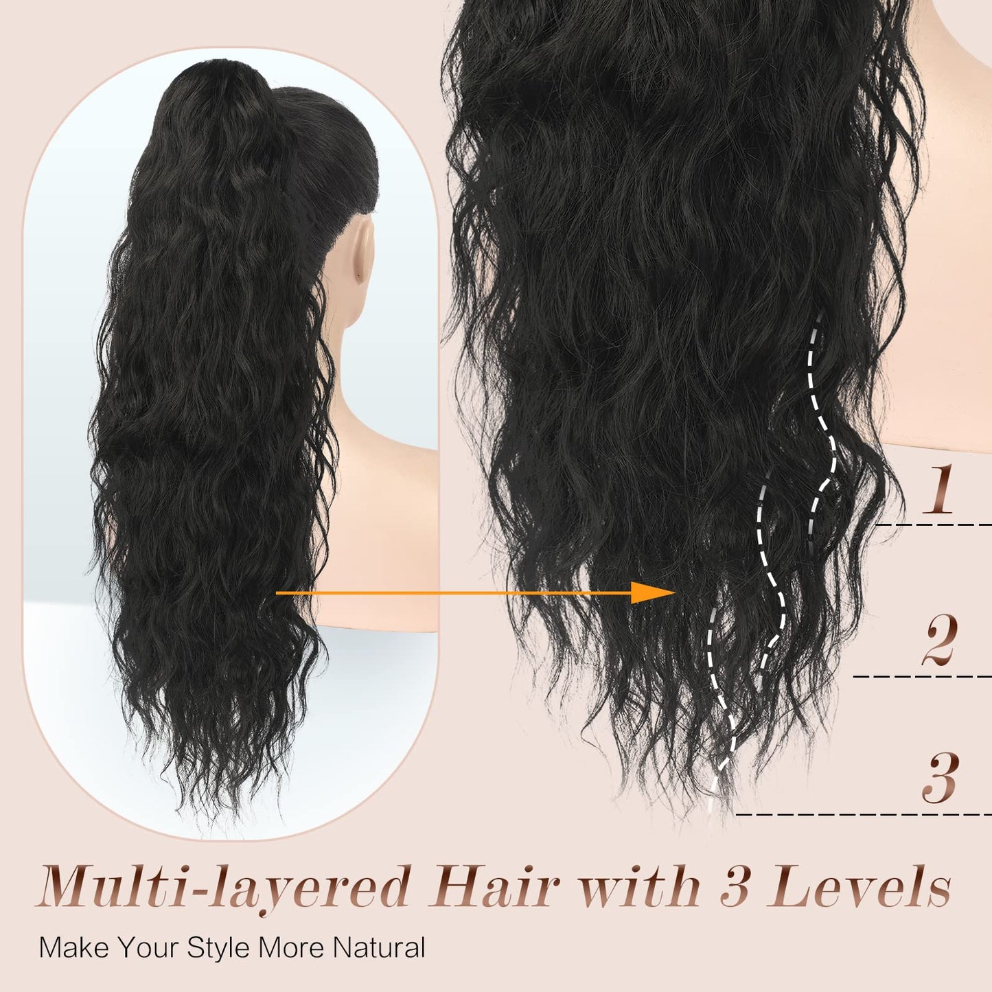 FESHFEN Long Curly Wavy Drawstring Ponytail Extensions Clip in Wavy Synthetic Hairpieces Ash Blonde Drawstring Ponytail Curly Hair Piece Pony Tail Extension for Women, 26 inch