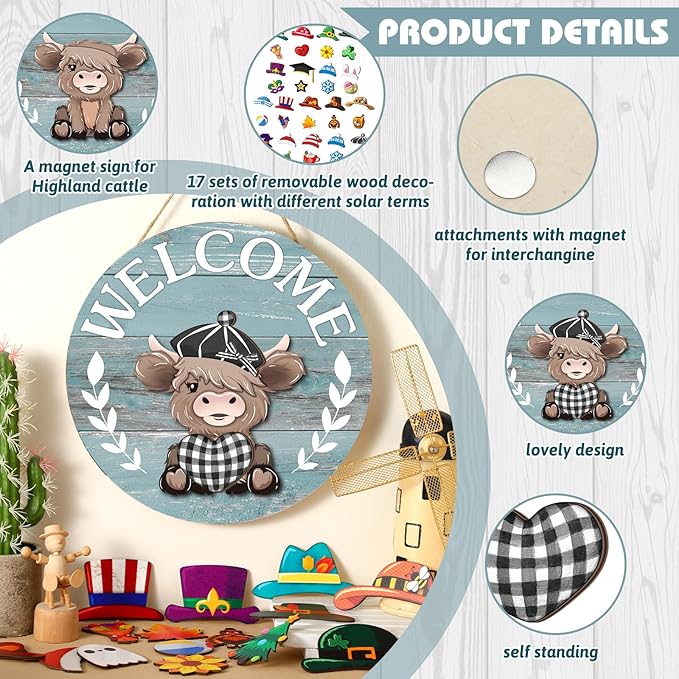 Vicenpal 35 Pcs Christmas Interchangeable Highland Cow Welcome Sign Highland Cow Seasonal Wooden Hanging Door Decor Thanksgiving Farmhouse Hanging Sign for Front Door Xmas Party (Grey Blue)