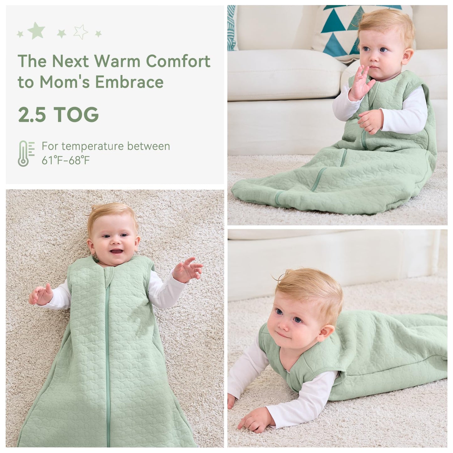 Unnivoll Baby Sleeping Bag 2.5 Tog 12-18 Months 100% Cotton Winter Sleeping Bag Baby 2-Way Zipper Quilted Sleep Sack for Newbron Infant Warm Soft Green