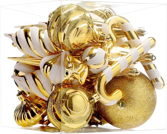 Christmas Ball Ornaments Set Shatterproof Christmas Tree Ornaments 24 PCS Painted Shaped Styles Xmas Tree for Holiday Decor,Gold