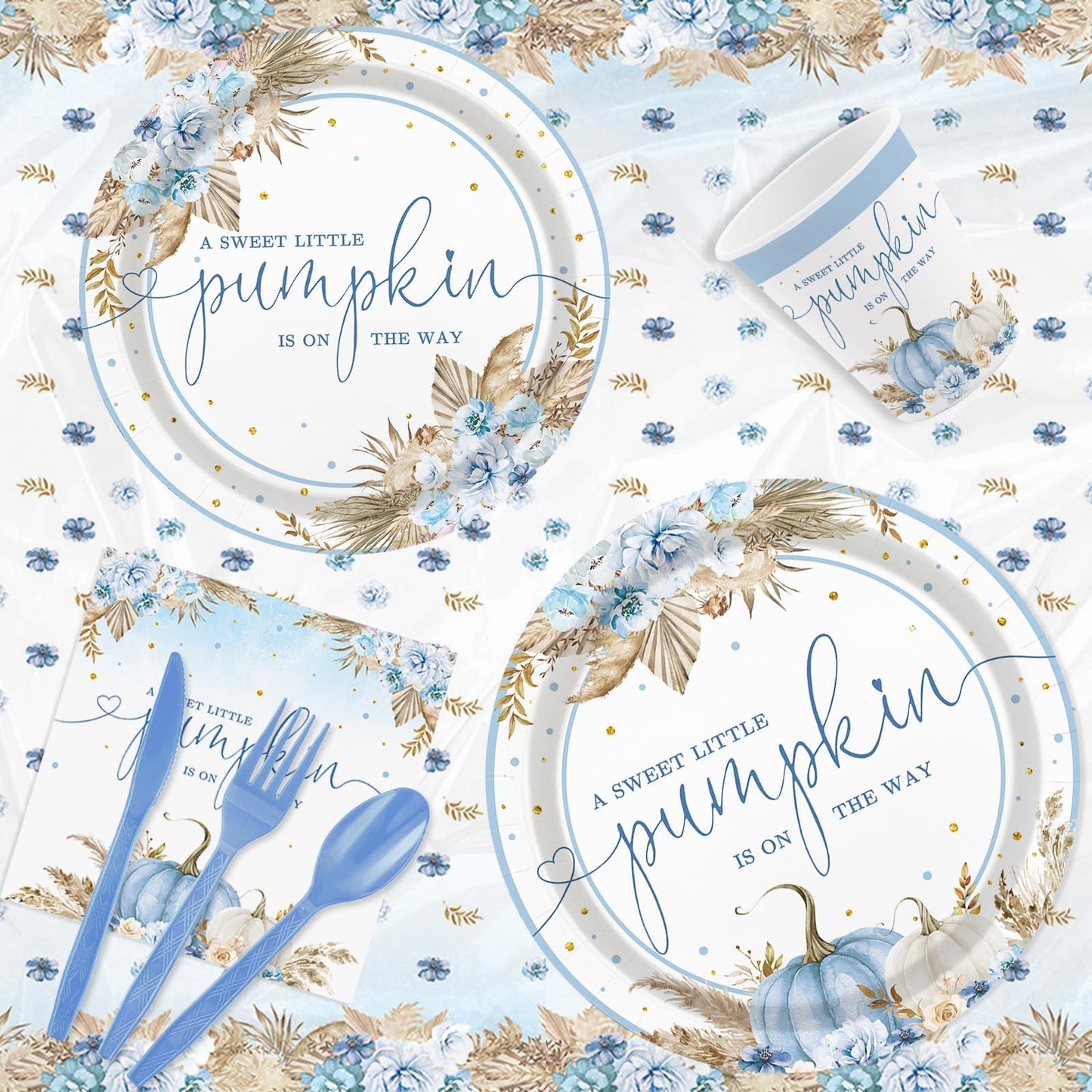 AIBIIN 194Pcs Fall Pumpkin Baby Shower Decorations for Boys, Boho Floral Pampas Grass Little Pumpkin Party Supplies Disposable Tableware Set Plates Napkins Banners Plastic Tablecloth for Baby Shower