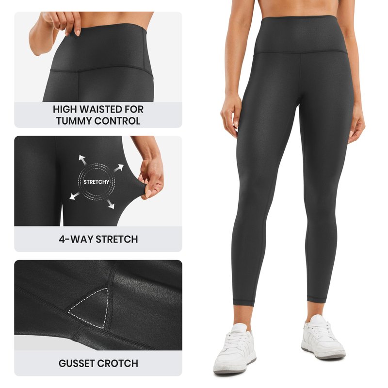 CRZ YOGA Matte Faux Leather Leggings 25" - Butterluxe High Waisted Stretch Ankle Leather Pants for Women Pleather Tights Faux Leather Black Foil Medium