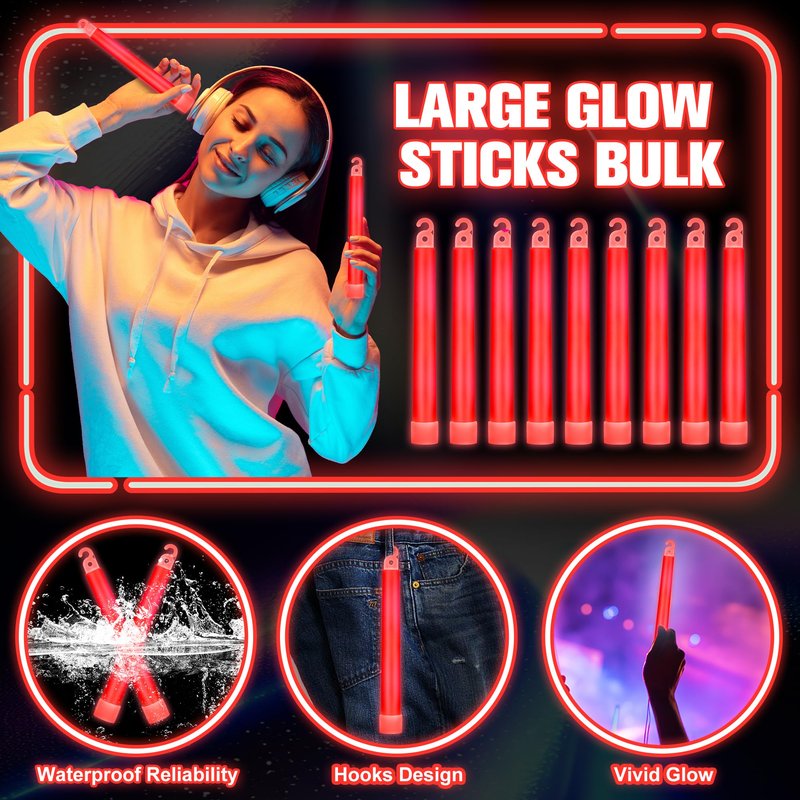 Sotiff 96 Pcs Bright 6 Inch Large Glow Sticks Bulk Emergency Glow in The Dark Sticks with 12 Hour Duration for Camping Hiking Outdoor Parties Activities Survival Storms (Red)