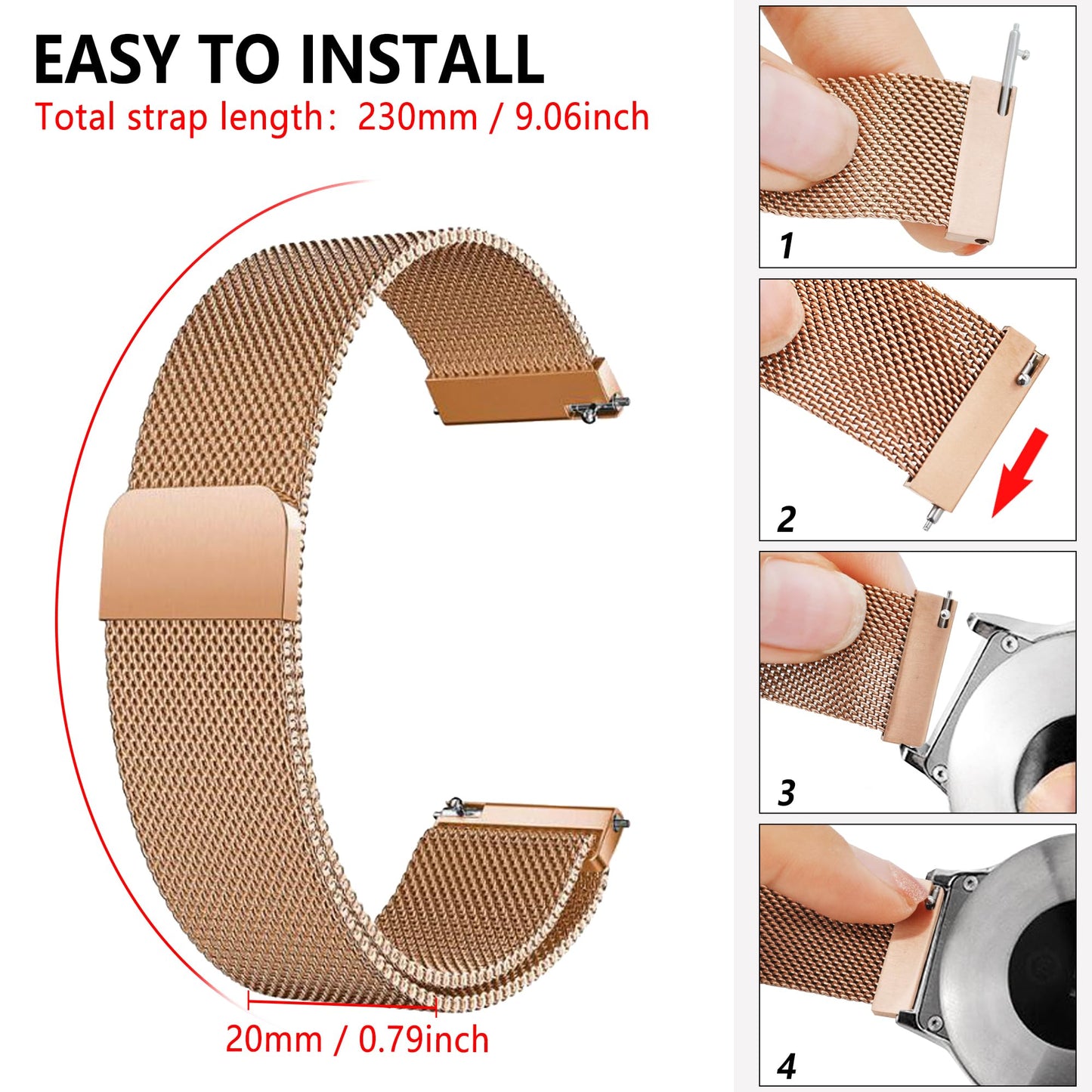 Quick Release Watch Strap - 20mm/22mm Lug Width Stainless Steel Metal Strap Milanese Mesh Wristband Magnetic Lock Replacement Band Smart Watch Wristbands for Men Women (22mm, Rose Gold)