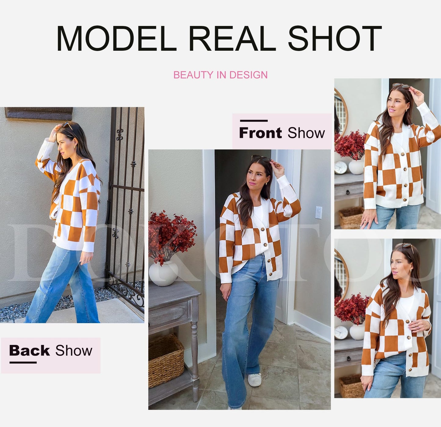 Dokotoo 2025 Early Fall Fashion Chunky Cardigan Sweaters for Women V Neck Button Up Long Sleeve Plaid Knit Sweater Casual Loose Checkered Chocolate Brown Fall Clothes Womens Cardigans Outerwear L