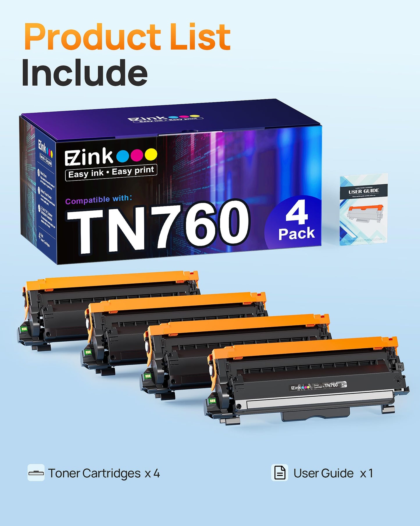 E-Z Ink Compatible TN760 Toner Cartridges Replacement for Brother TN-760 TN730 TN-730 to Use with HL-L2350DW HL-L2395DW HL-L2390DW HL-L2370DW MFC-L2750DW MFC-L2710DW DCP-L2550DW (Black, 4 Pack)