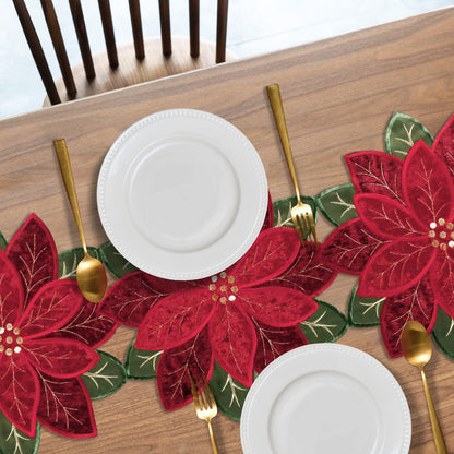 OWENIE Christmas Red Table Runner, Embrodered Velvet Fabric Poinsettia Table Runners for Holiday Table Decor, Small Short Table Runner 36 Inches Long, Red, 13 x 36 Inches