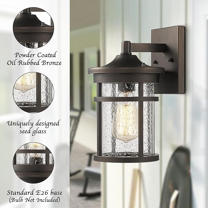 Bestshared Outdoor Wall Light, Exterior Porch Mount Light Fixture, Outdoor Wall Sconce, Front Door Lantern Lamp with Seeded Glass Shade(Oil Rubbed Bronze, 11.3" Height)