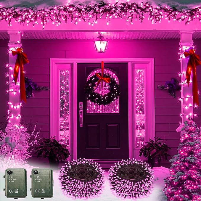 Pink String Lights Battery Powered, 2 Pack Total 33 FT 100 LED Christmas String Lights for Indoor Outdoor Decoration, Twinkle Fairy Light for Halloween Home Party Room