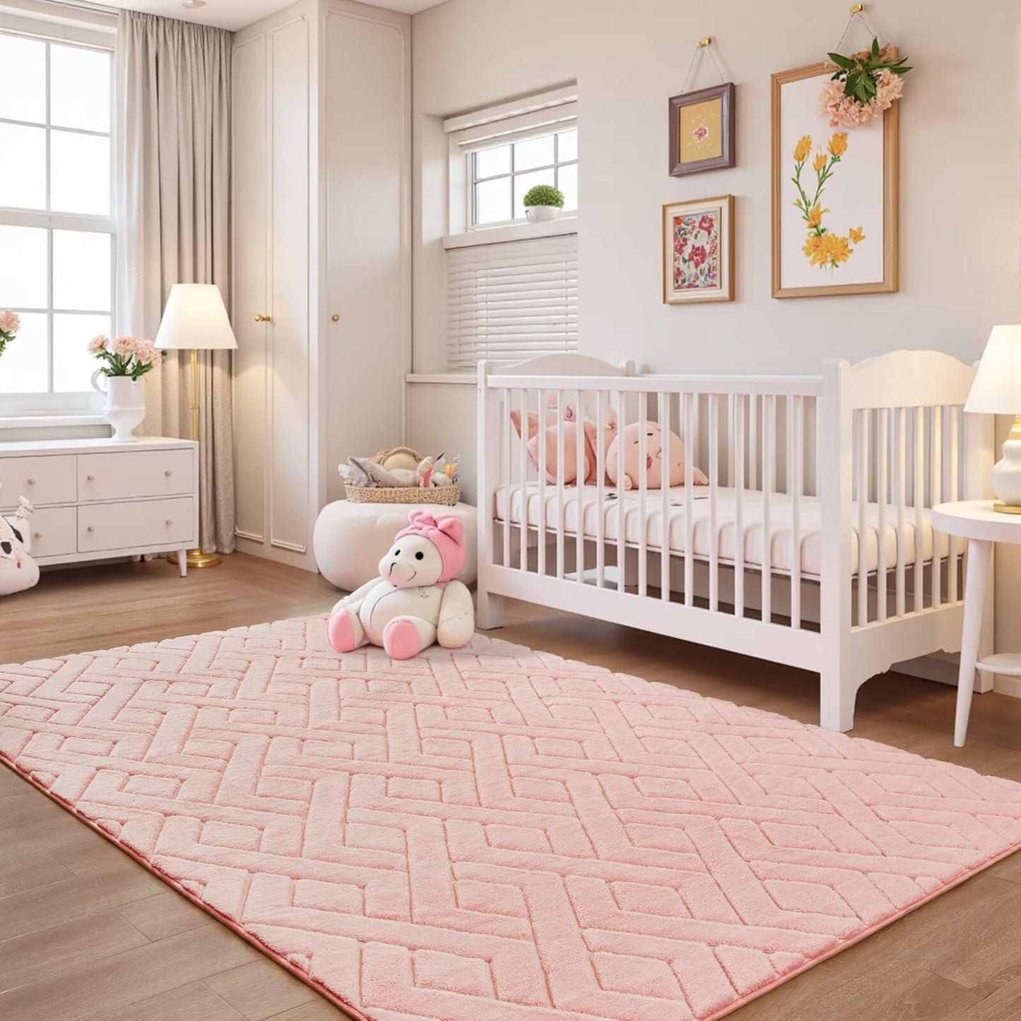 Flagover 5x7 Pink Washable Area Rug for Girls Bedroom Living Room, Modern Geometric Shag Non-Slip Rugs, Fluffy Plush Soft Memory Foam Carpet for Kids Room Nursery Decor