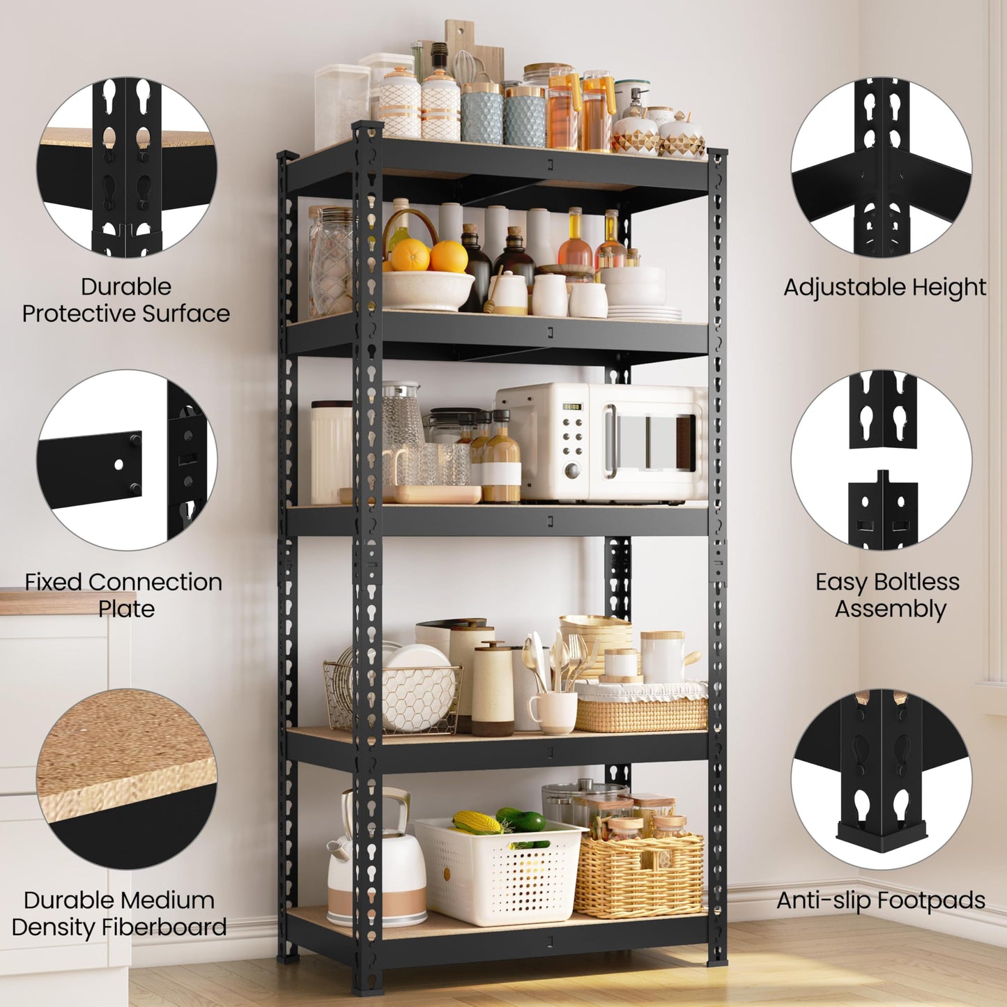 Yaheetech Shelving Unit Metal Shed Storage Shelves Boltless Heavy Duty 5 Tier Garage Shelving Units for Shed/Workshop/Office, 150x70x30cm, Black