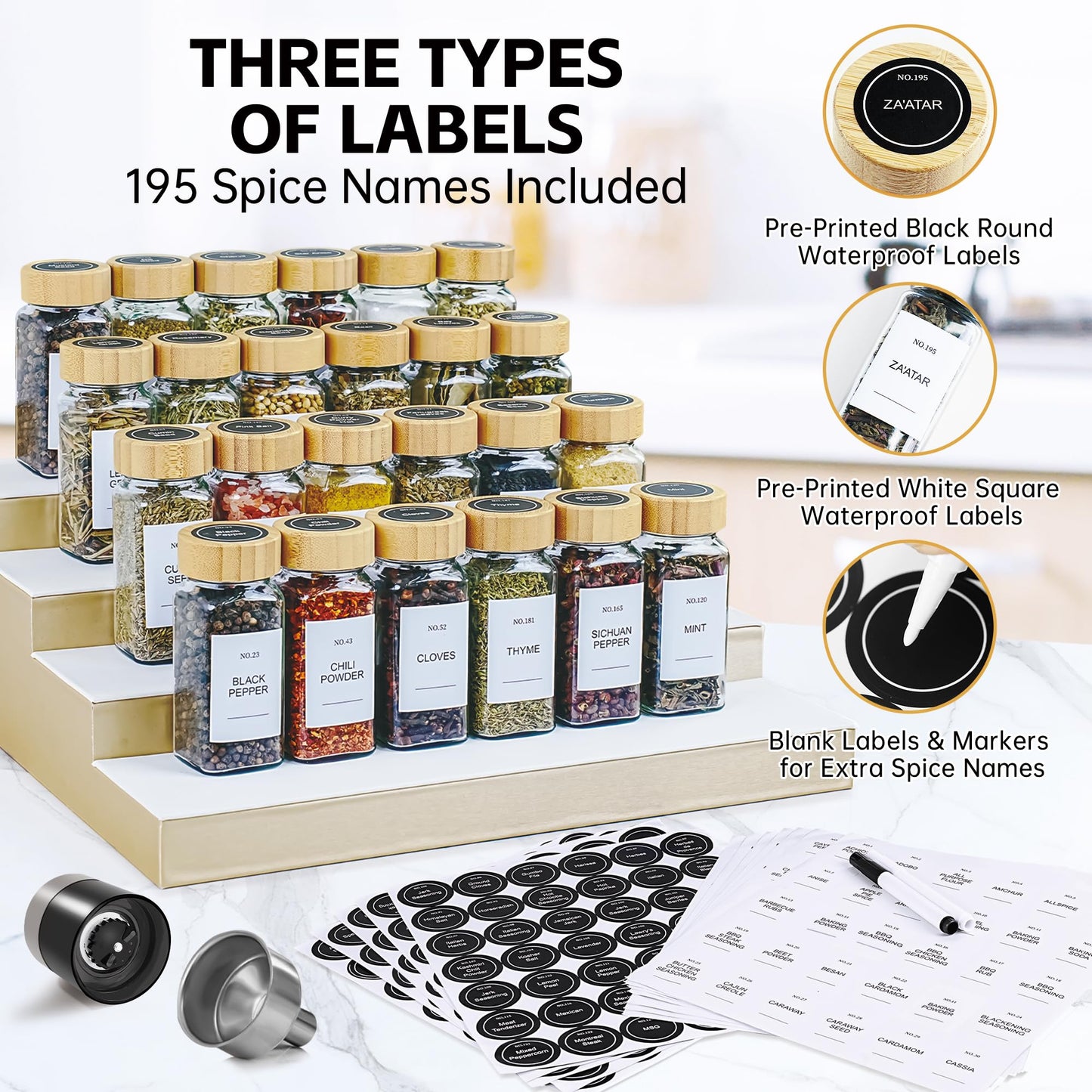 Spice Jars, 24 Pcs 4oz Seasoning Jars with Label, Glass Jars with Bamboo Lids, Spice Containers Bottles with Pepper Grinder & Stainless Steel Funnel for Seasoning Organizer, Cabinet, Drawer