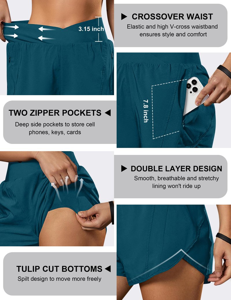 Blooming Jelly Women's Workout Shorts Athletic Running Casual Summer Quick Dry Gym Active Shorts with Zipper Pocket (Dark Cyan,Large)
