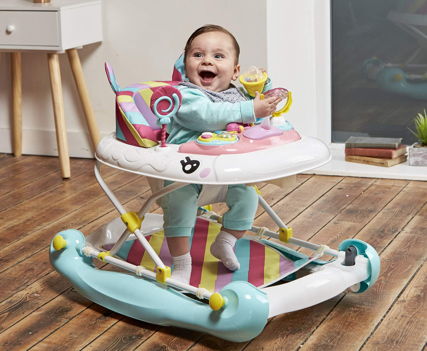 MyChild Unicorn 2-in-1 Walker Rocker, Pink Rainbow - Activity Center Baby Walker - Easy fold Frame for Storage - 6 Months + Anti Fall Blocks for Extra Safety and 3 Height Adjustment.