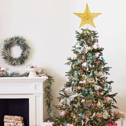 Glittered Christmas Tree Topper, 8 Inch Gold Glitter Christmas Tree Ornaments Metal Hollow Star for Christmas Tree Home Decoration for Home Xmas Holiday Party