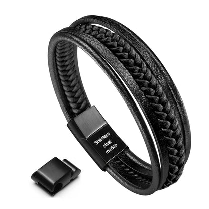 Murtoo Mens Unisex Cuff Bracelet - Black Leather Multi-Layer Magnetic Clasp Rope Wristband (Black, 7.5'')