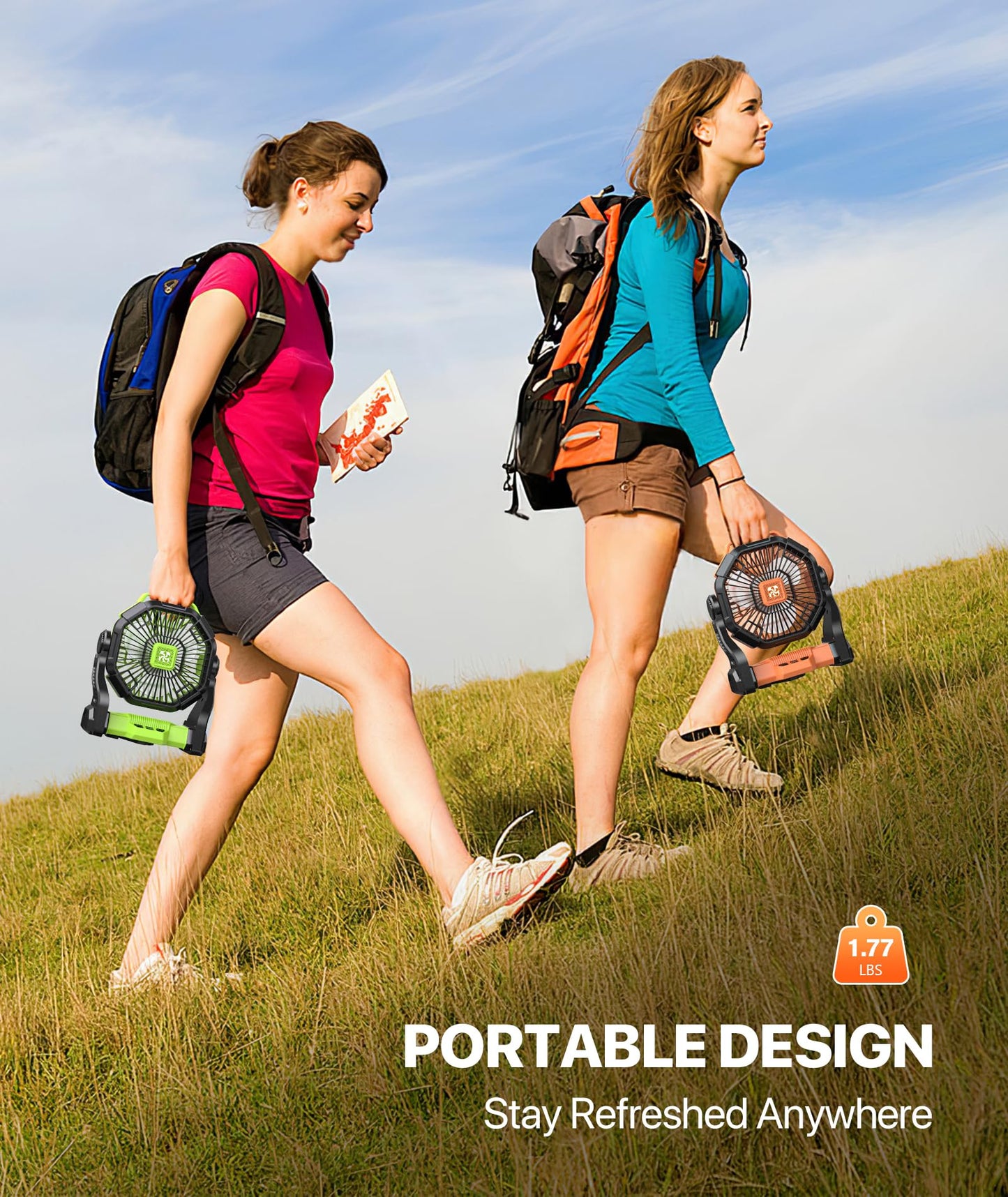 Doviluxe Camping Fan Battery Powered -12000mAh Portable Rechargeable Fans Light, Battery Operated Fan for Camping Hook 4 Speed Quiet Cordless USB Personal Cooling for Desk Home Beach Tent BBQ