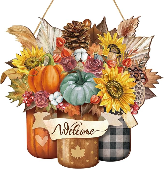 Boao Welcome Thanksgiving Door Decorations Thanksgiving Sign Hanging Decoration Wall Hanger Masquerade Carnival Wreath for Outdoor Farmhouse Porch Front Door Decor