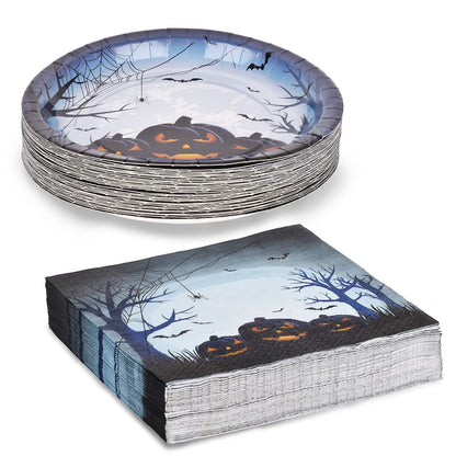 Gatherfun Halloween Party Supplies Anger Black Pumpkin Disposable 10 inch Big Paper Plates and Paper Napkins for Spooky Halloween Party Decorations Serve 50