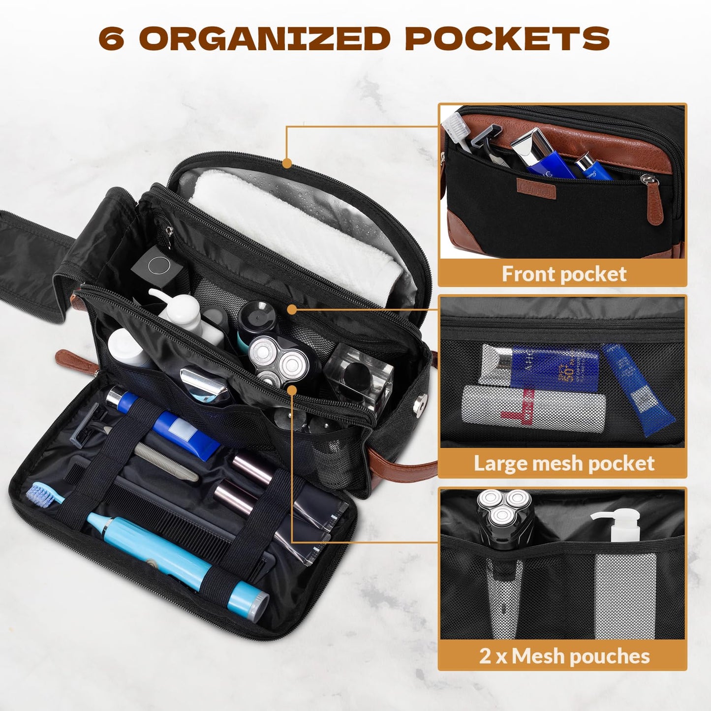 Celvetch Travel Toiletry Bag for Men - Canvas Toiletries Bag with Multiple Pockets Large Hanging Dopp Kit Travel Bag for Toiletries Essentials Accessories - Black