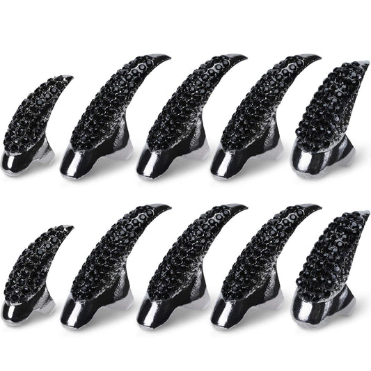 Hicarer 10 Pcs Halloween Gothic Nail Claw Ring Metal Punk Fake Nails Set Costume Full Finger Rings for Men Women Party Favor Cosplay Supplies, 3 Sizes