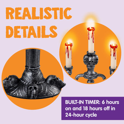 JOYIN 2 Pcs Skull Candelabra Halloween Decorations Indoor LED Lights Flameless Candles Holder, Scary Haunted House Mansion Decor for Table Home Party