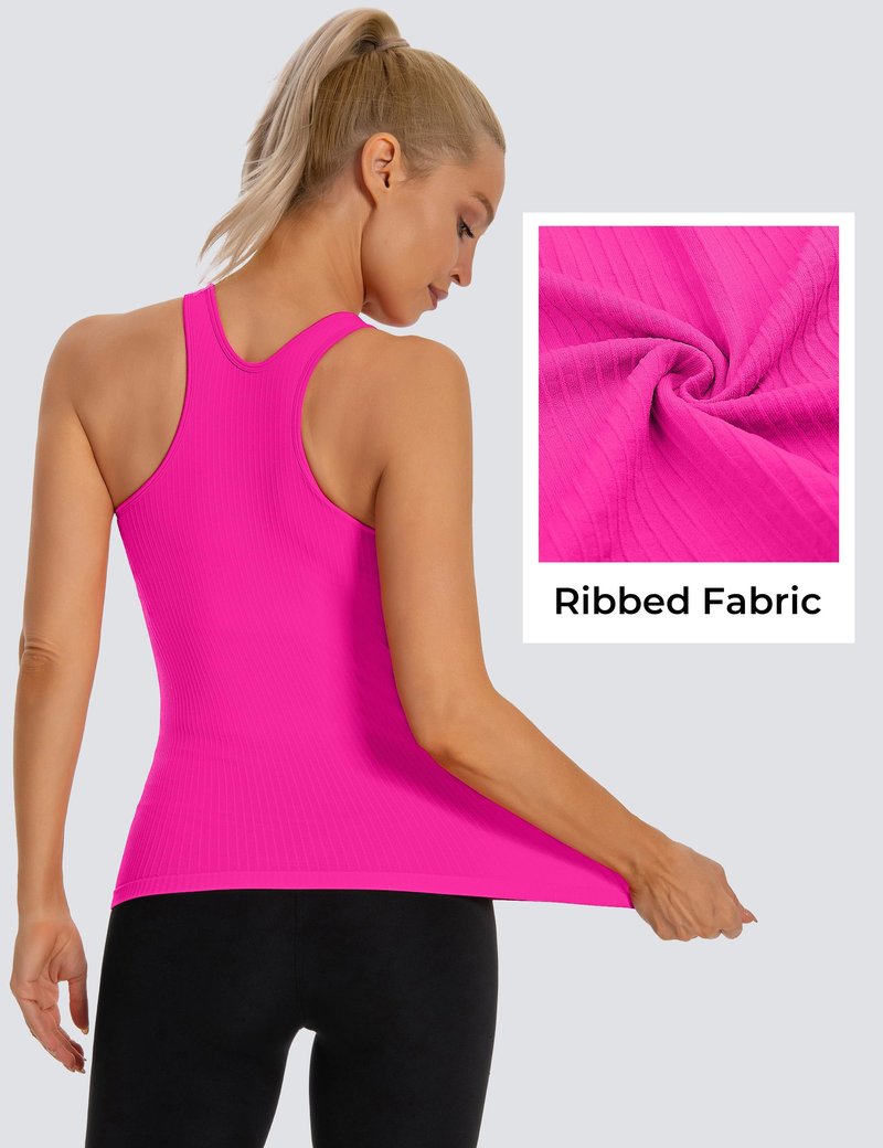 MathCat Seamless Workout Tank Top for Women with Built in Bra, Padded Racerback Ribbed Athletic Yoga Camisole Hot Pink