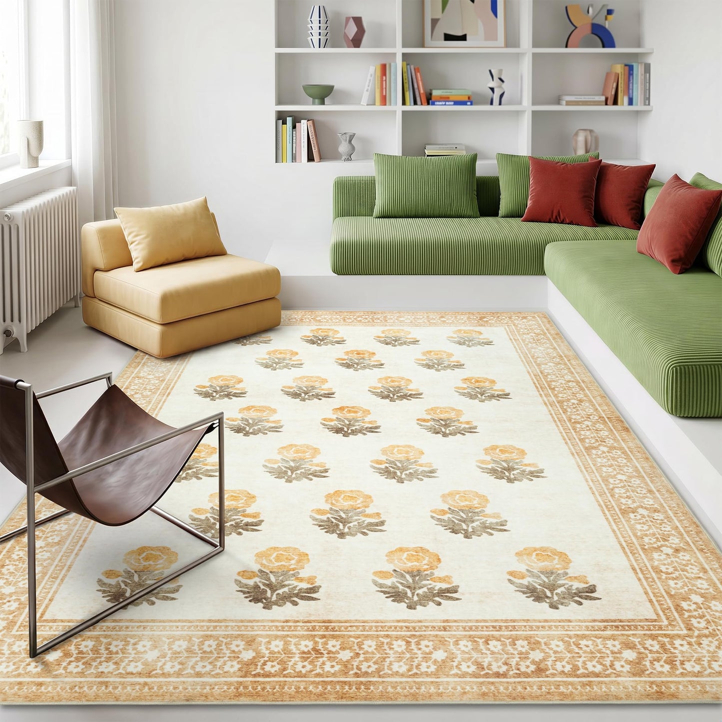 Sparkle Gaze Beige Brown Floral Living Room Rug 5x7 Area Rug - Vintage Washable Rug for Dining Room, Bedroom, Ultra Soft Low Pile Non Slip Stain Resistance Distressed Boho Farmhouse Flower Carpet