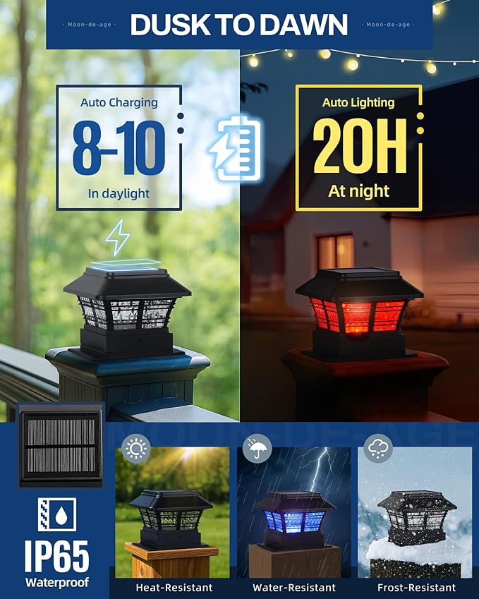 Deck Post Lights Solar Powered, RGB Solar Post Light for Fence, Waterproof Outdoor LED Cap Lights, 4x4 Wood Posts, 50 Lumens (4 Pack)