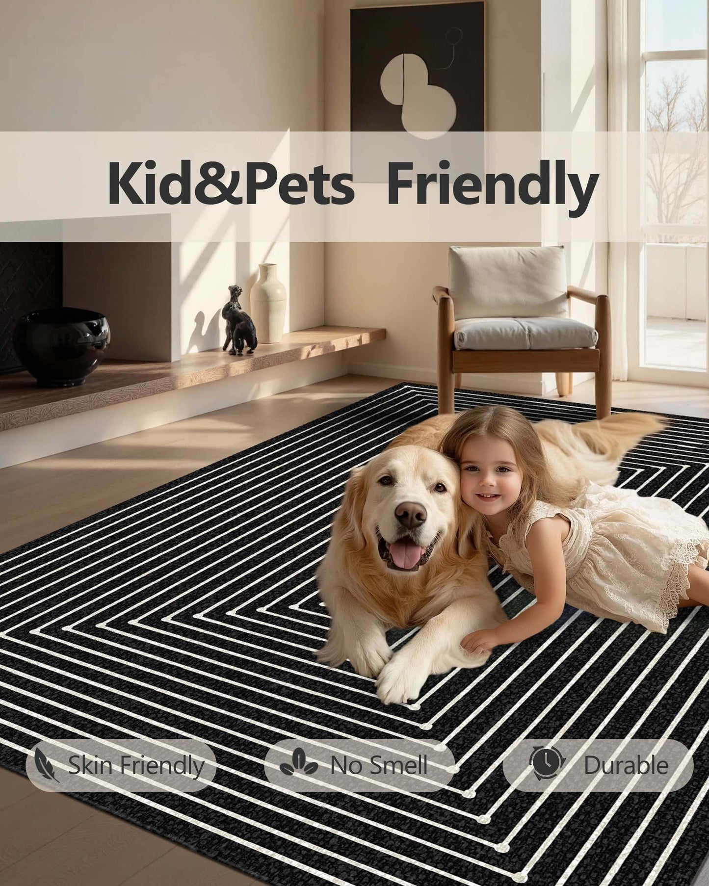 Latte&Fog 5x7 Area Rugs for Living Room Bedroom, Modern Abstract Washable Rug, Boho Non Slip Low Pile Carpet for Indoor Dining Room, Office, Dorm, Classroom, Farmhouse and Kids Room - Indigo Black
