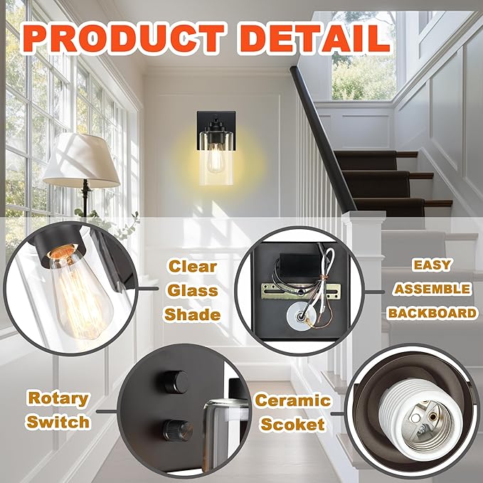 Wall Sconces Set of Two, Wall Mounted Bedside Lamps with Rotary Switch, Matte Black Sconces Wall Lighting, Bathroom Light Fixtures with Clear Glass Shade, Wall Lights for Bedroom Living Room