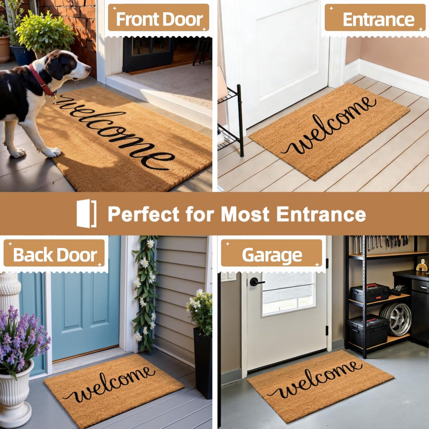 ULTSOFE Natural Coco Coir Door Mat with Heavy Duty Backing, 17" x 30" Anti-Slip Coconut Welcome Mat Outside Entrance, Easy Clean Front Door Doormat for Entry, Porch, Patio, Garden, Garage, Mudroom
