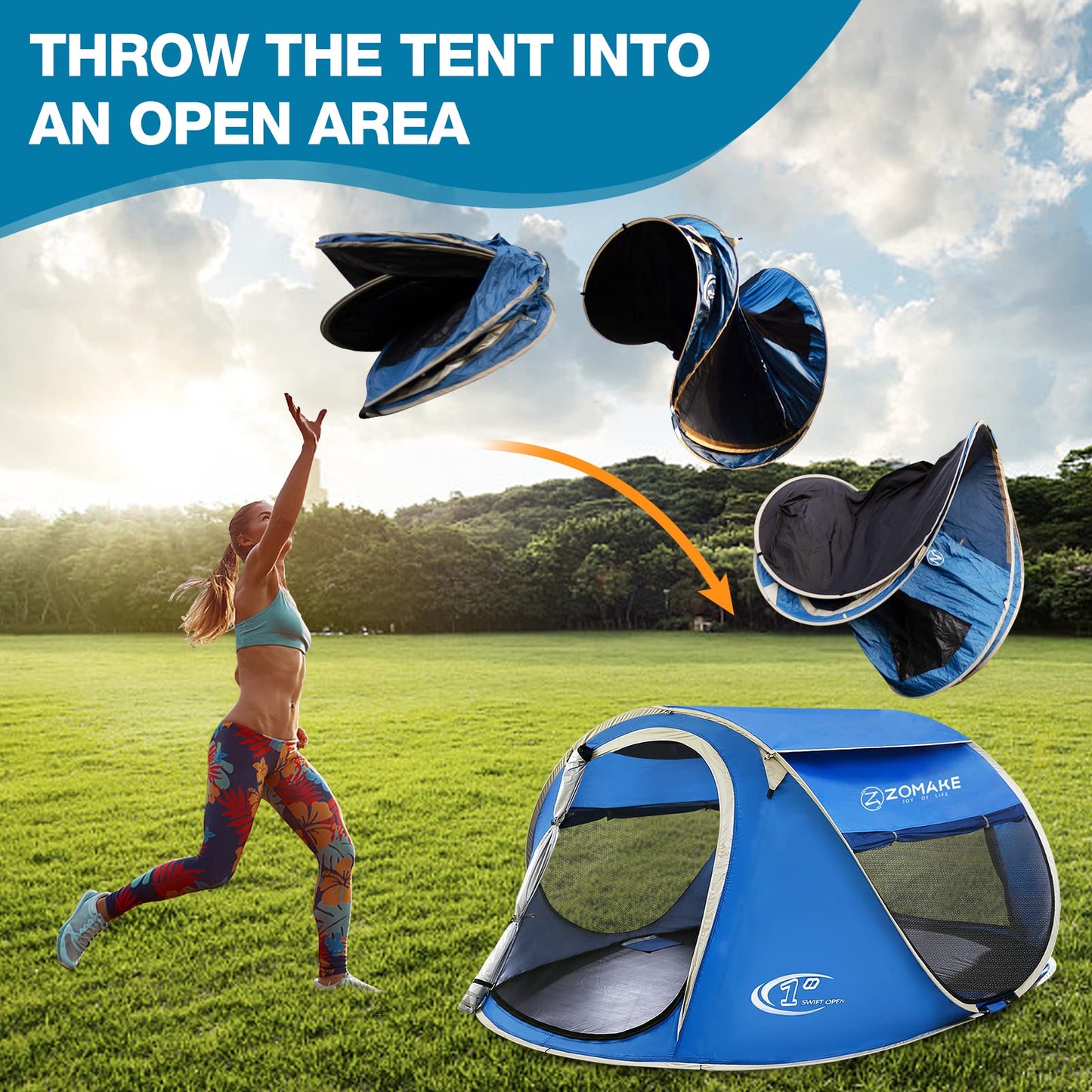 Easy Pop Up Tent 4 Person Waterproof - Pop-Up Camping Tents Automatic Tent Throw Pop Up Instant Flip Pop Tent for Camping,by ZOAMKE(Blue)